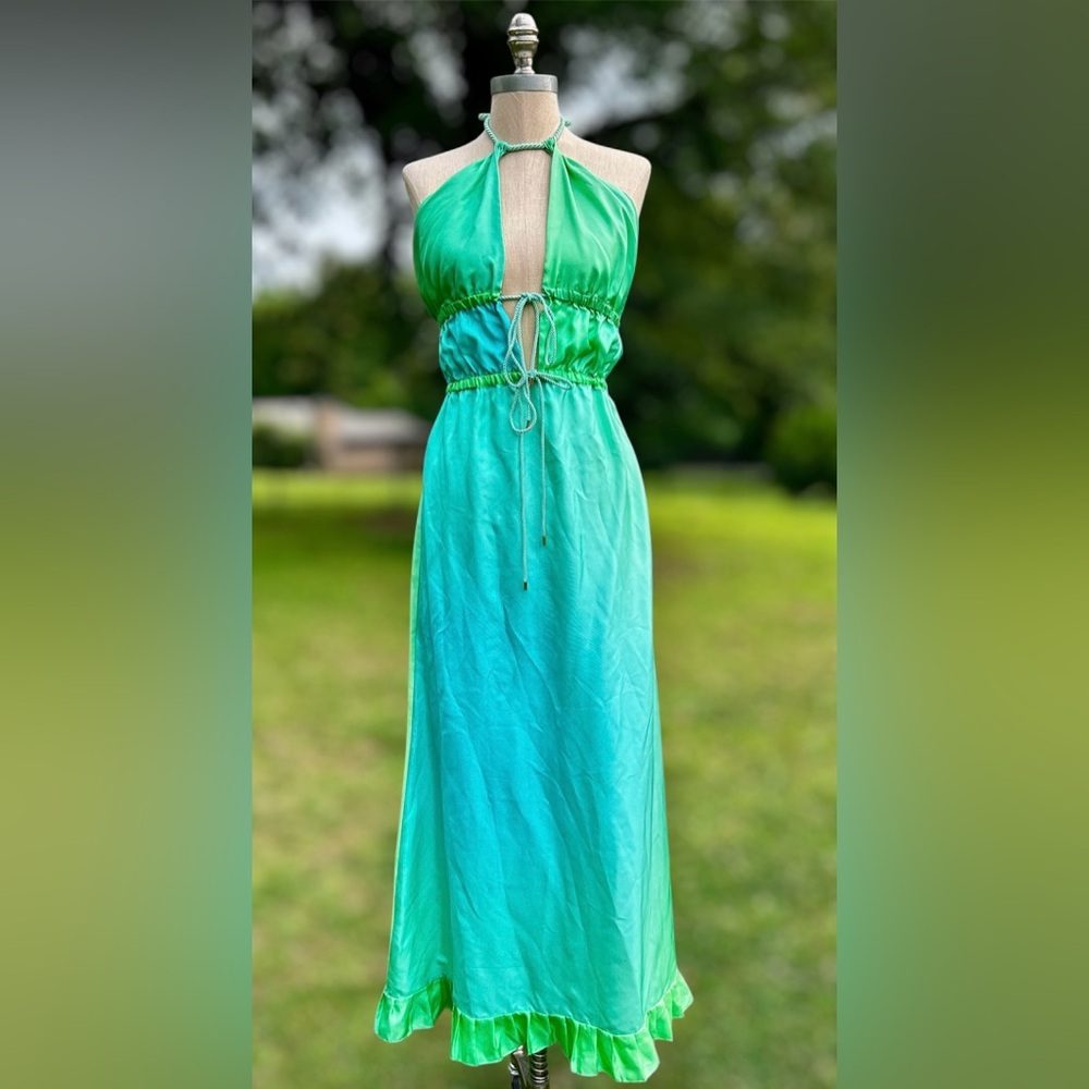 Vintage Y2k Hollywould Green Blue Ombré Goddess Silk dress